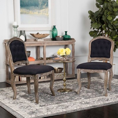 Elegant Black Linen & Rustic Oak French Leg Dining Chair, Set of 2
