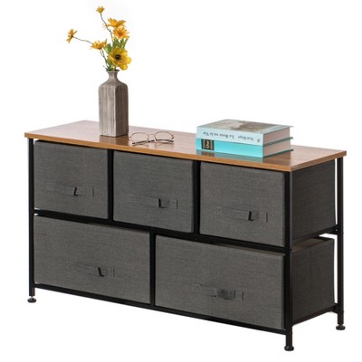 Basicwise Charcoal Five Fabric Storage Drawer Unit, Wooden Top Dresser Tower, 2 Sizes Bins, Gray, 5 Drawers