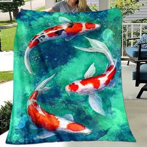 Lomsoe Red White Koi Fish Print Flannel Blanket - All Seasons Soft and Warm Throw Blanket for Bed, Napping, Camping, Travel, Office - 1 of 4