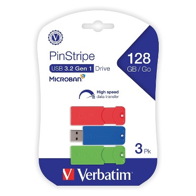Verbatim PinStripe 128GB USB 3.2 Type-A Flash Drive Red/Green/Blue 3/Pack (70390)