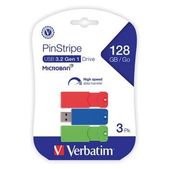 Verbatim PinStripe 128GB USB 3.2 Type-A Flash Drive Red/Green/Blue 3/Pack (70390)