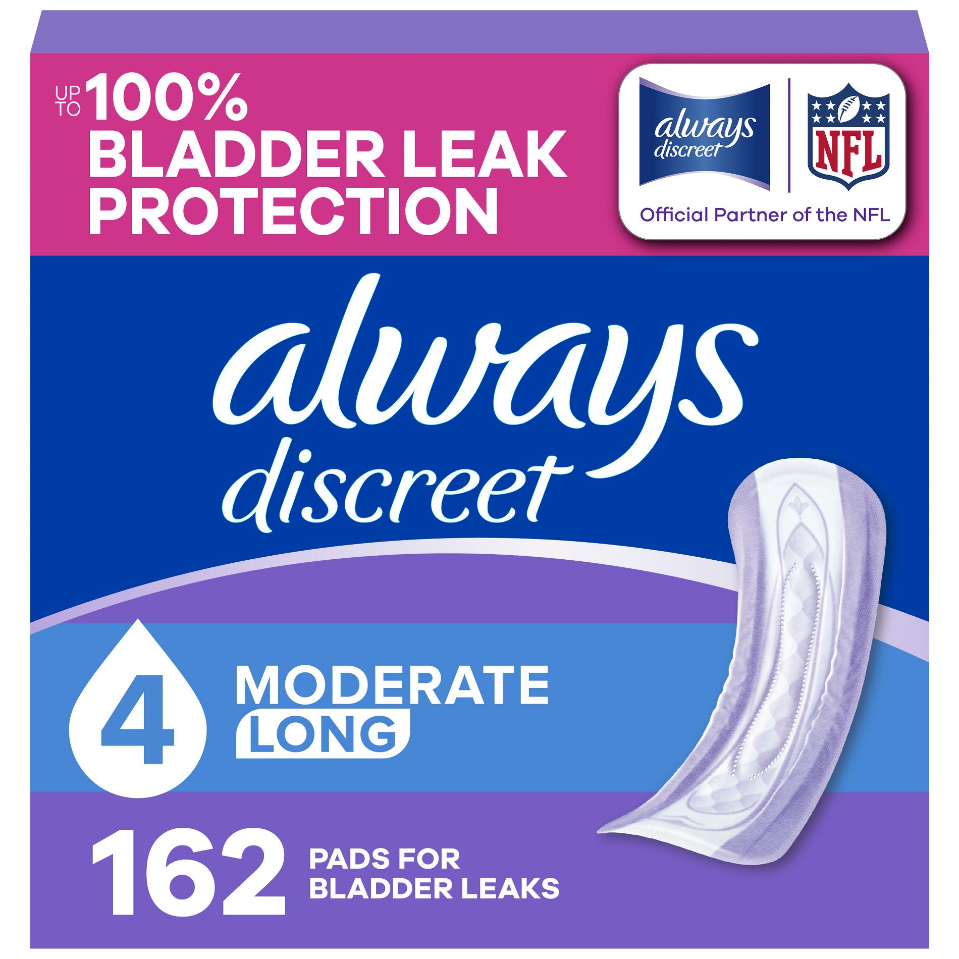 Always Discreet Incontinence & Postpartum Incontinence Pads for Women - Moderate Absorbency - Size 4