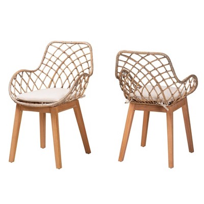 Bohemian Greywashed Rattan and Natural Brown Dining Chair Set with Cushions