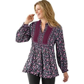 Woman Within Women's Plus Size Button-Front Mixed Print Tunic