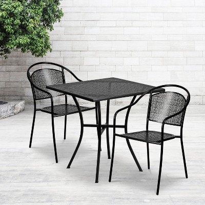 28" Black Steel Square Patio Table Set with 2 Chairs