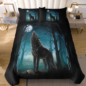 Boersma Moon Wolf Bedding Green Watercolor Forest Wolf Landscape Duvet Cover Sets 3 Pieces Wild Animal Bedding Set (Twin) - 1 of 4