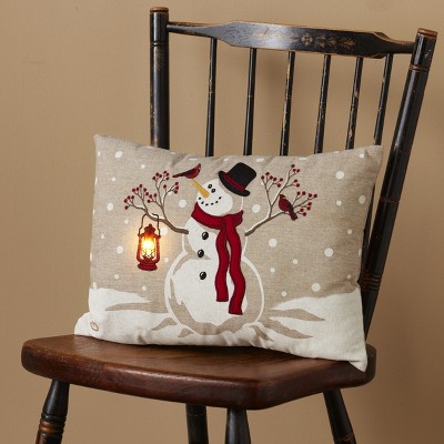 Lakeside LED Lighted Holiday Home Accent Pillow with Embroidered Snowman