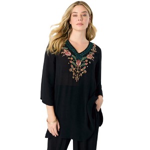 Roaman's Women's Plus Size Embellished Crinkle Tunic - 1 of 4