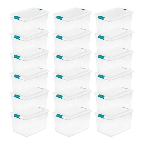 Sterilite 66 Qt ClearView Latch Storage Box Stackable Bin with Latching  Lid, Plastic Container to Organize Clothes in Closet, Clear Base, Lid,  18-Pack