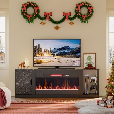 Black Marble 70" Modern Fireplace TV Stand with LED Lights and Storage