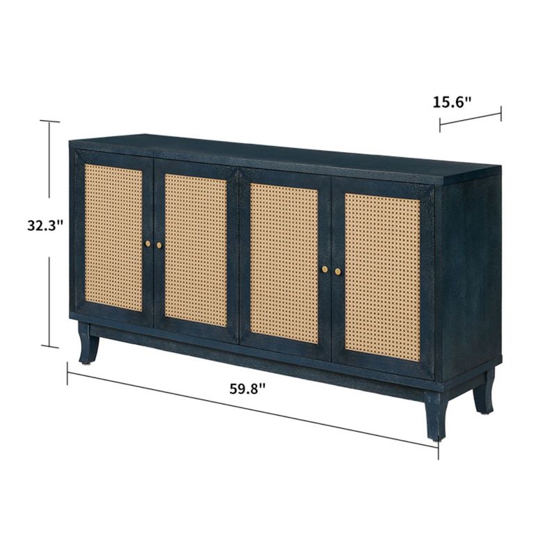 Jamie 59.8" W 4 Rattan Doors Multi-functional Storage Antique Accent  Cabinets with 2 Adjustable Inner Shelf And Pine Legs-Maison Boucle, 4 of 9