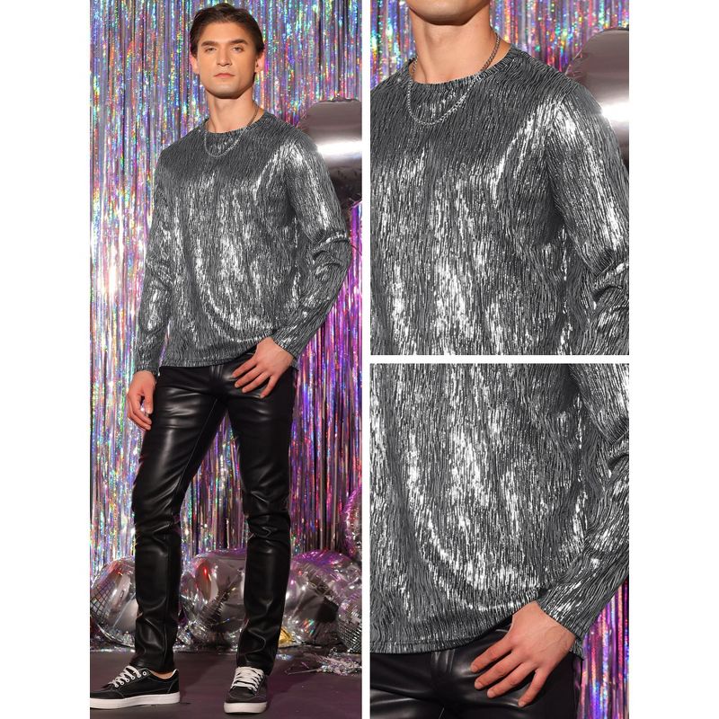Lars Amadeus Men's Long Sleeves Party Clubwear Shiny Metallic T-Shirt, 5 of 7