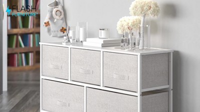 Flash Furniture 3 Drawer Wood Top White Cast Iron Frame Vertical Storage Dresser with Light Gray Easy Pull Fabric Drawers