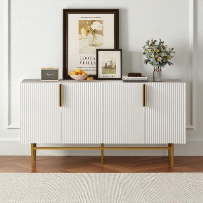 Modern 4-Door Sideboard Buffet Cabinet with Wavy Stripe Doors, Adjustable Shelves and Gold Metal Handles for Dining Room, Living Room