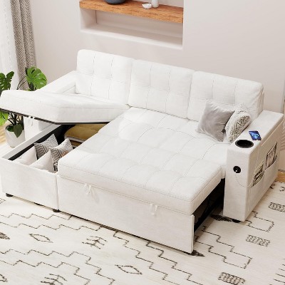 84” 2-in-1 Sofa Bed Comfortable Living Room Sofa with 2 Storage Arms and 2 Charging Ports, L-Shaped Sofa with 2 Cup Holders and Side Pockets