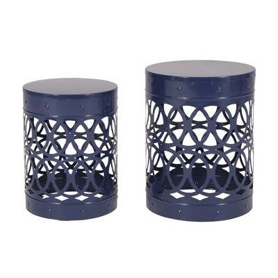 GlasFlength Patio End Tables 2 Pack, Metal Side Table, Round Accent Table with Weather Resistant, Garden Patio Furniture, Navy Blue 13.75"*13.75"*18"