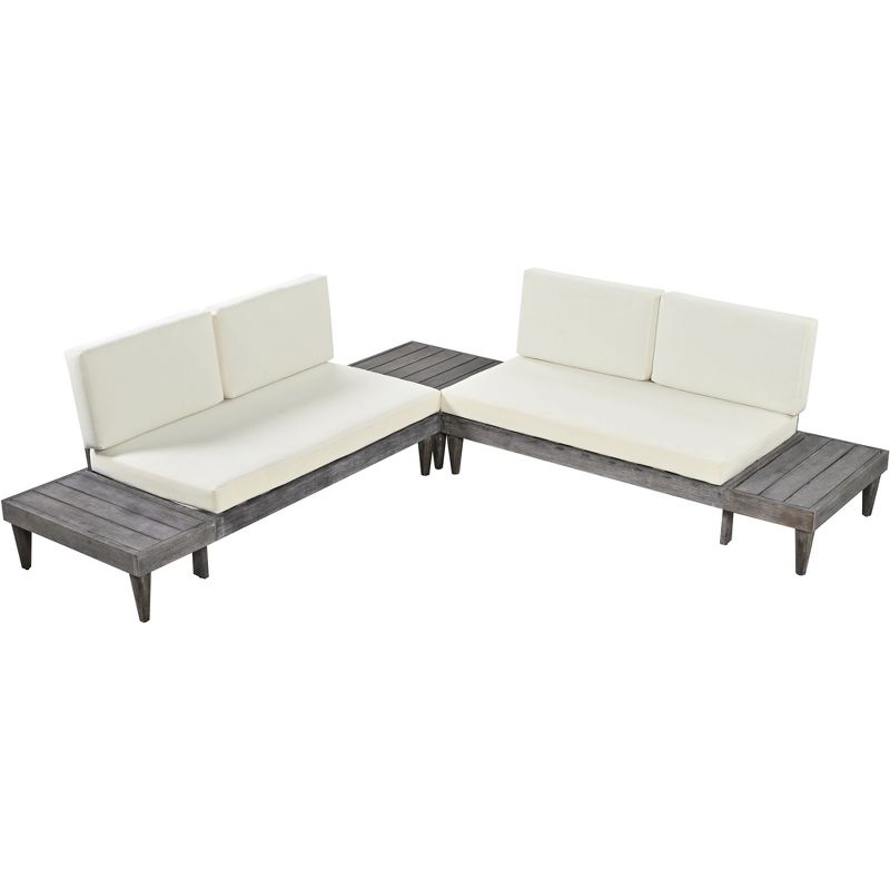 Outdoor 3-Piece Garden Solid Wood Furniture Sofa with Coffee Table, Side Table and Cushions, Gray+Beige - ModernLuxe, 4 of 14