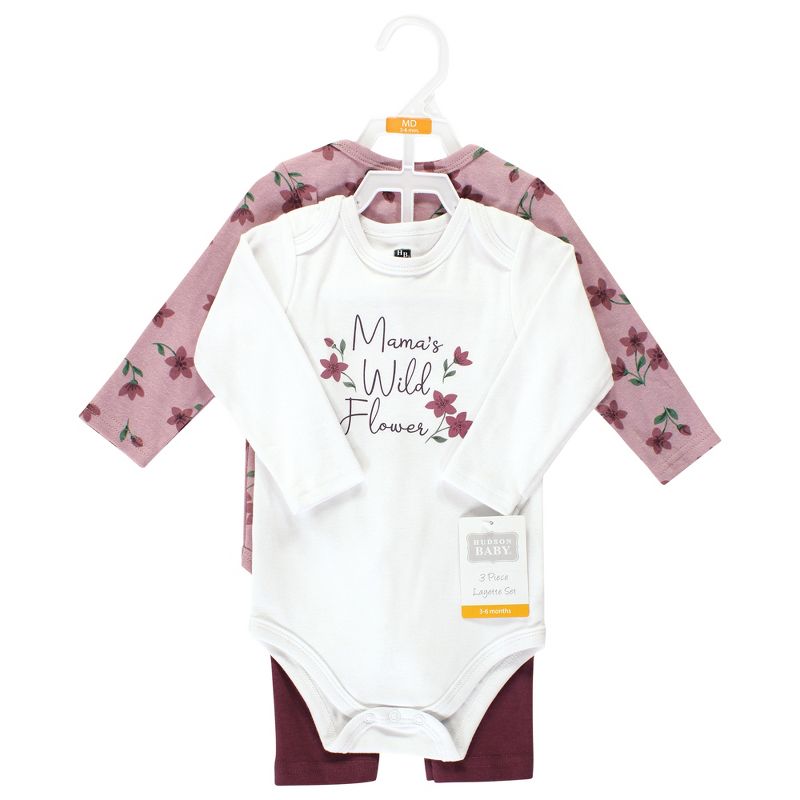 Hudson Baby Infant Girl Cotton Bodysuit and Pant Set, Plum Wildflower Long Sleeve, 2 of 6