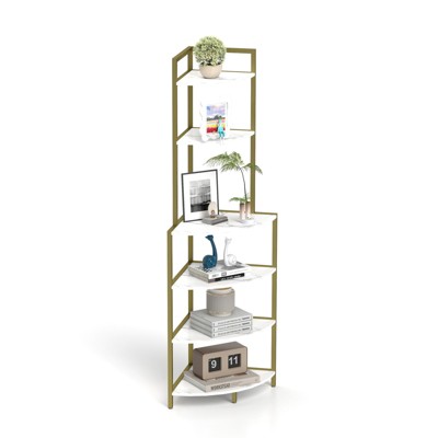 FONTOI 6 Tiers Corner Open Storage Rack, Freestanding Shelving Unit for Books, Pantry Closet, Kitchen, Gold&White, 16.14"*59.5"*22.24"