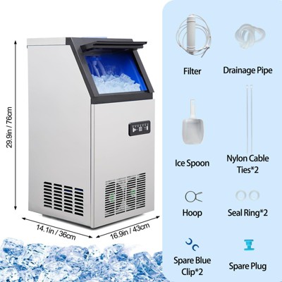 TROPOW Commercial Ice Maker Machine , Stainless Steel Undercounter & Freestanding Ice Maker with 24Lbs Storage, 2-Way Water Supply - for Bars, Silver