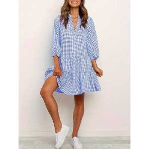 Women's Gingham Plaid Dress Lantern Sleeve Ruffle Shift Dress Button Down Swing Tunic Mini Dresses - 1 of 2