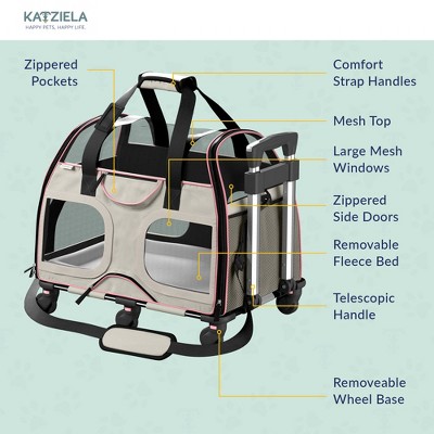 White and Pink Soft-Sided Rolling Pet Carrier with Telescopic Handle