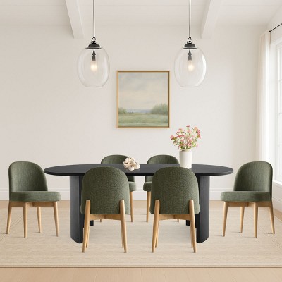 7-Piece Oval Dining Table Set, Modern Wood Table in Black or Oak with 6 Upholstered Chairs, Solid Wood Legs-Maison Boucle