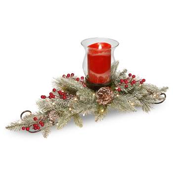 National Tree Company 30in. Snowy Bristle Berry Candle Holder Centerpiece with Battery operated LED lights