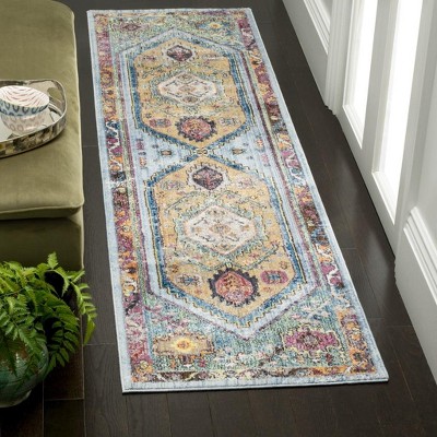 Blue and Camel Distressed Polyester Runner Rug, 2'3" x 6'