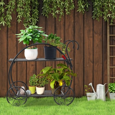 Black Steel Two-Tiered Indoor/Outdoor Plant Stand with Decorative Wheels