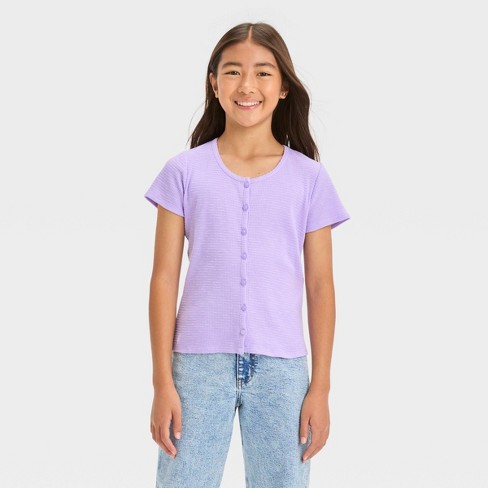 Girls' Short Sleeve Button-front Textured Top - Art Class™ Lavender L ...