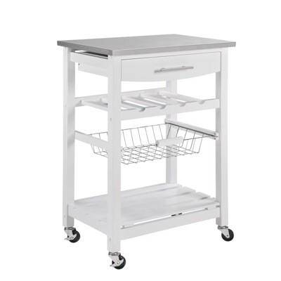 FONTOI Mobile Kitchen Island with Underneath Drawer, Rolling Trolley Serving Cart Slide-Out Wire Storage Basket, White, 15.75"*33.55"*22.76"