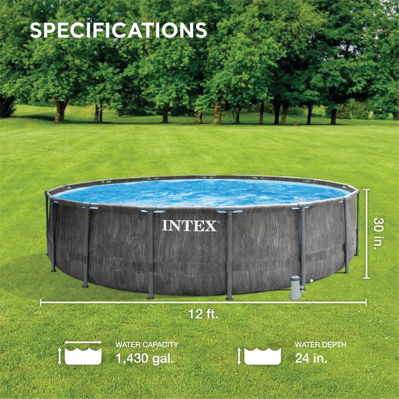 Intex Greywood Prism Frame 12 Foot x 30 Inch Round Above Ground Outdoor Swimming Pool with 530 GPH Filter Pump, Grey Woodgrain Design, 3 of 10
