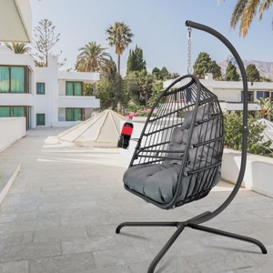 1 Piece Hanging Basket Chair Rattan and Metal Frame with Stand Foldable Seat and Cushion for Patio or Indoor Use - Coolbibila - 1 of 4