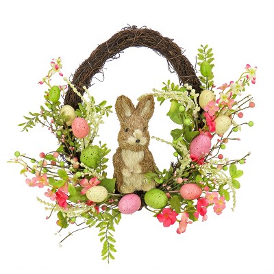 16" Artificial Floral Spring Wreath with Bunny, Eggs and Berries Pink - National Tree Company