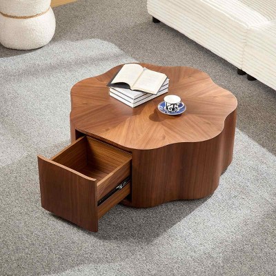 35" MDF Wood Petal Shaped Coffee Table with Hidden Drawer, Small Modern Round Coffee Table for Living Room or Apartment-Coolbibila