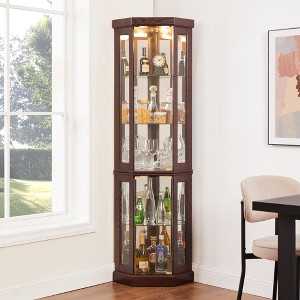 Lighted Corner Curio Cabinet with Side-Hinged Glass Doors and Adjustable Shelves, Elegant Display for Living Room, Bar, Wine, Antique Collections - 1 of 4