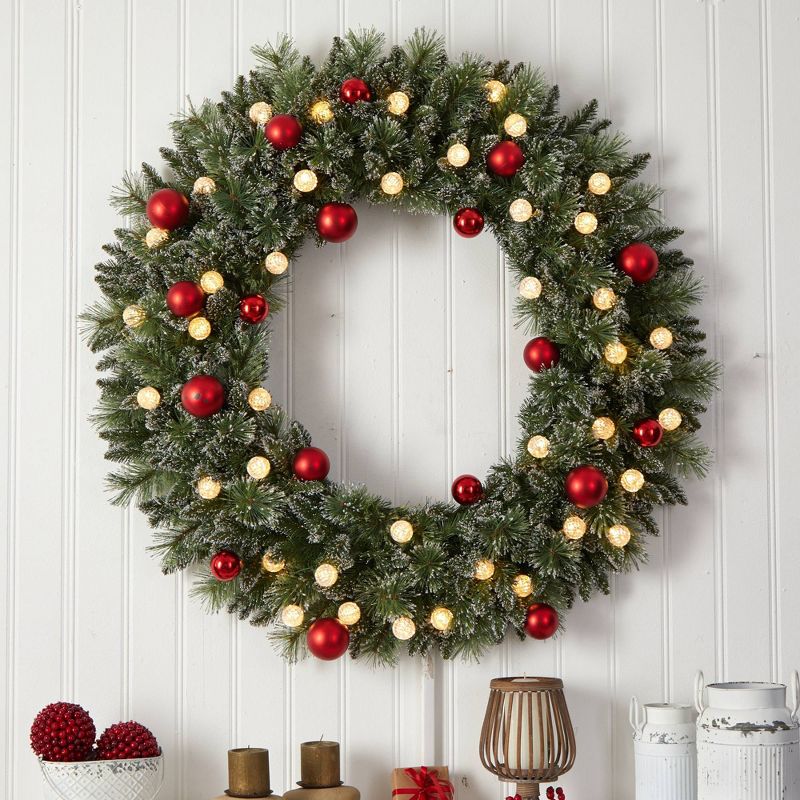 Nearly Natural 48&#34; Pre-lit LED Decorated Frosted Pine Artificial Christmas Wreath Green with Warm White Lights, 5 of 8