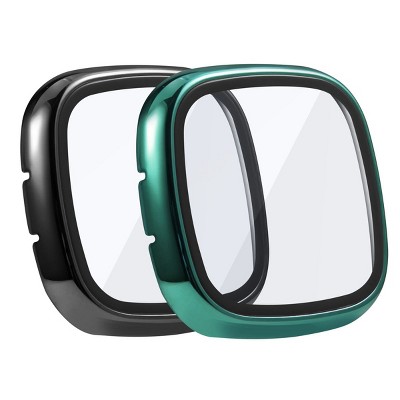 Insten 2-Pack Case For Fitbit Versa 3 and Fitbit Sense, Built in Tempered Glass Screen Protector Plating Hard Cover (Black + Green)