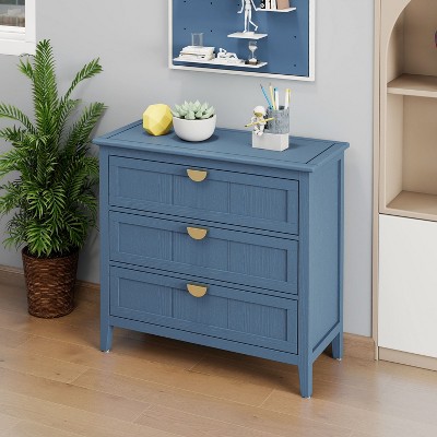 Okak Modern 3-Drawer Bedroom Dressers with Gold Handles,Chest of Drawers for Living Room Bedroom,Entryway Study,Wooden Dresser Chest, Blue