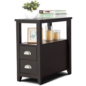 Tangkula Retro Wooden Side End Table Rectangular Nightstand with 2 Drawers and Shelf Coffee/Brown - 1 of 4