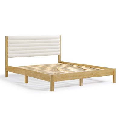 Natural Queen Platform Bed with Boucle Upholstered Headboard