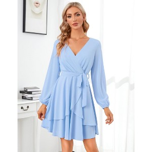 BLUEMING Womens Casual Dress V Neck Wrap Dress Lantern Sleeve Tie Wasit Petal Hem Dress Back Zipper Midi Dress - 1 of 4