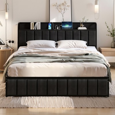 VECELO Twin/Full/Queen Size Metal Frame Platform Bed Frame with Storage Charging Station, Black/Gray
