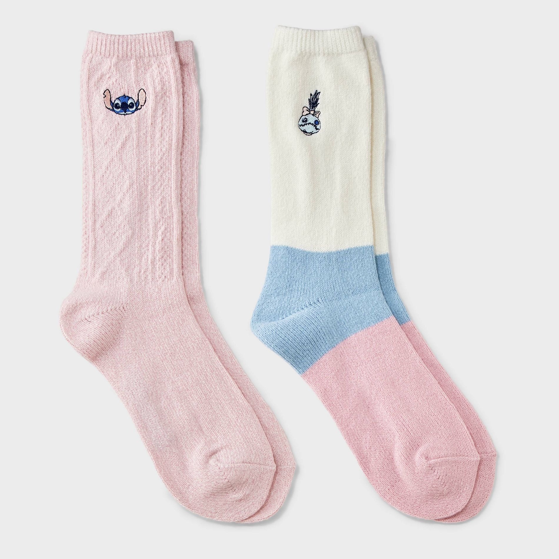 Women's Lilo & Stitch Super Soft Embroidered 2pk Crew Socks - Pink/Ivory/Blue 4-10