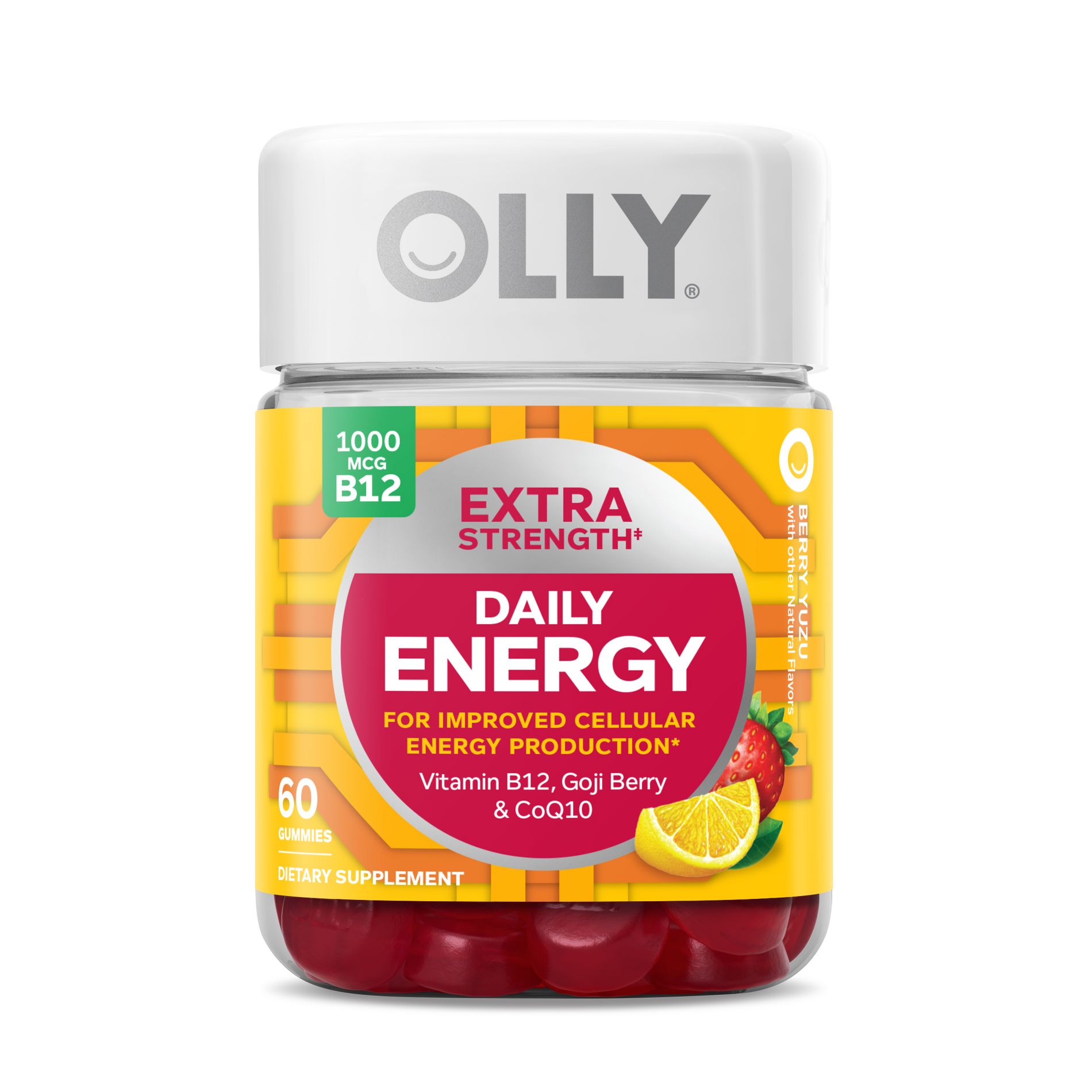 OLLY Extra Strength Daily Energy, 1000 mcg, Vitamin B12 and Caffeine-Free Gummies - Berry Yuzu Flavor - 60ct