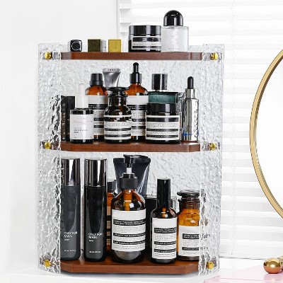 Hachikiko 3-Tier Corner Bathroom Counter Organizer, Wooden Skincare Organizer Storage Tray (Ripple)