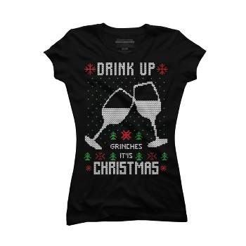 Junior's Design By Humans Drink Up Grinches Ugly Christmas Sweater By shirtpublic T-Shirt