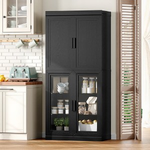 Wooakway 67"H Kitchen Pantry Storage Cabinet with Glass Door and Shelves in Black - 1 of 4