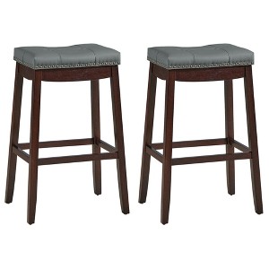 Costway Set of 2 Nailhead Saddle Bar Stools 29'' Pub Chairs with Rubber Wood Legs Brown/White - 1 of 4